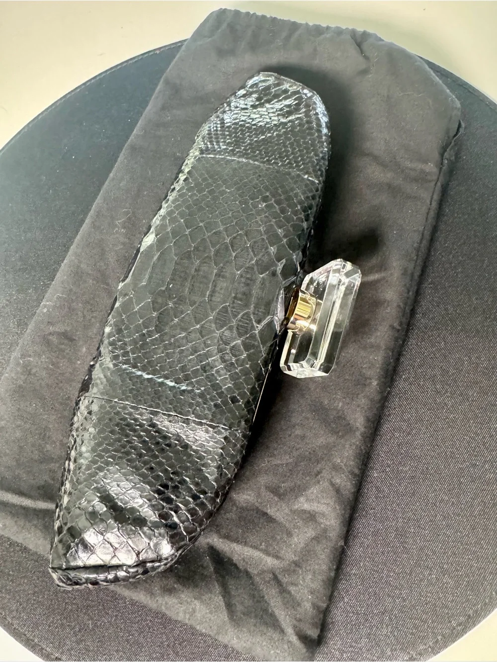 CHANEL Black Python Clutch with Lucite Turn Lock